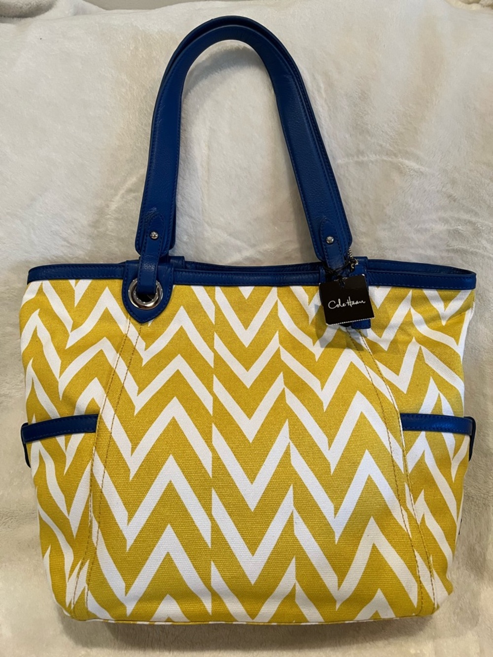 Cole Haan Logan Tote Bag Sunflower Yellow Blue Chevron Canvas Leather Trim NWT